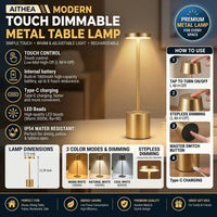 Modern Touch Dimmable Metal Table Lamp – Cordless Rechargeable LED Desk Light