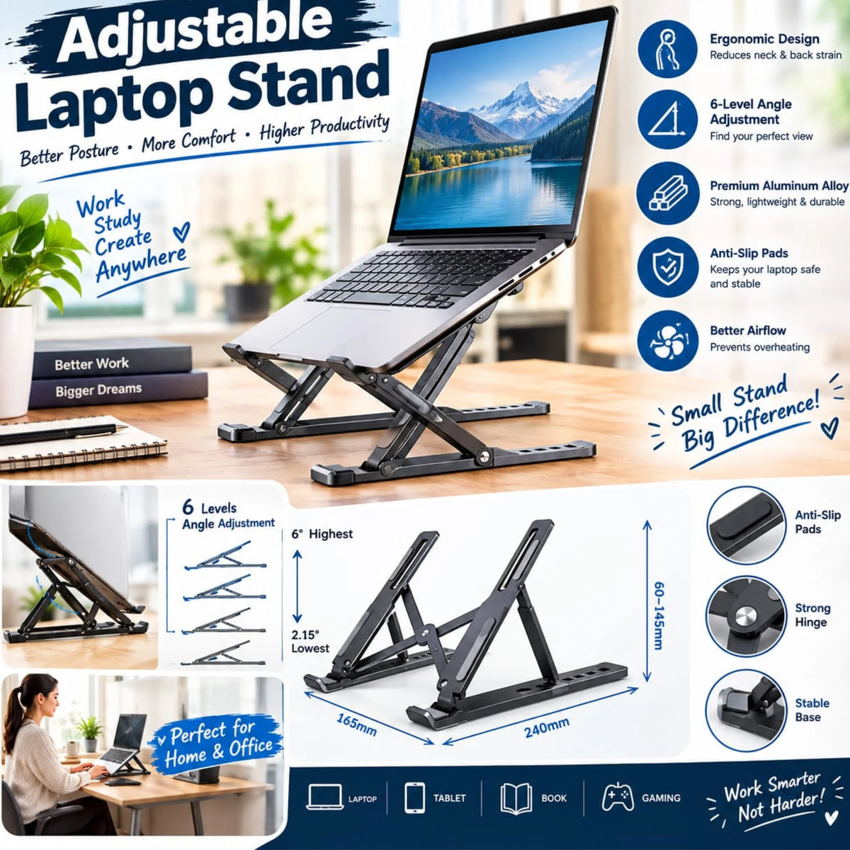 Adjustable Laptop Stand – 6-Level Foldable Aluminum Laptop Holder