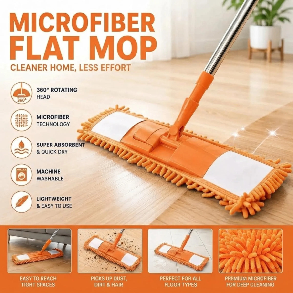 Flat Mop Floor Cleaner Microfiber Wet & Dry Mop with Plastic Rod