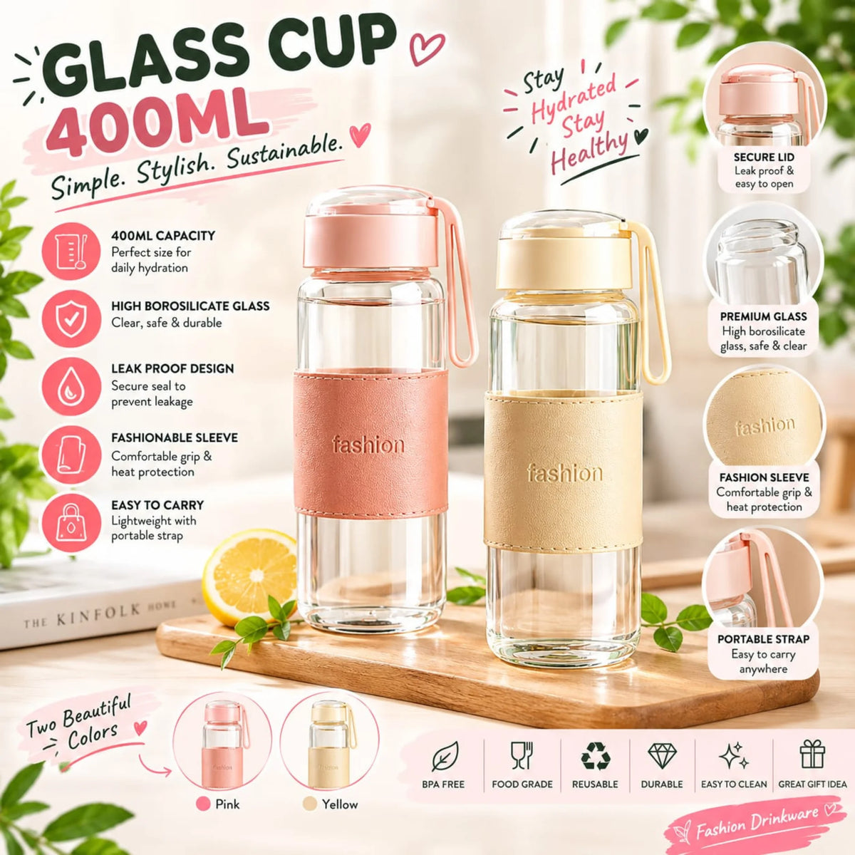 400ml Aesthetic Borosilicate Glass Water Bottle with Protective Leather Sleeve & Portable Strap