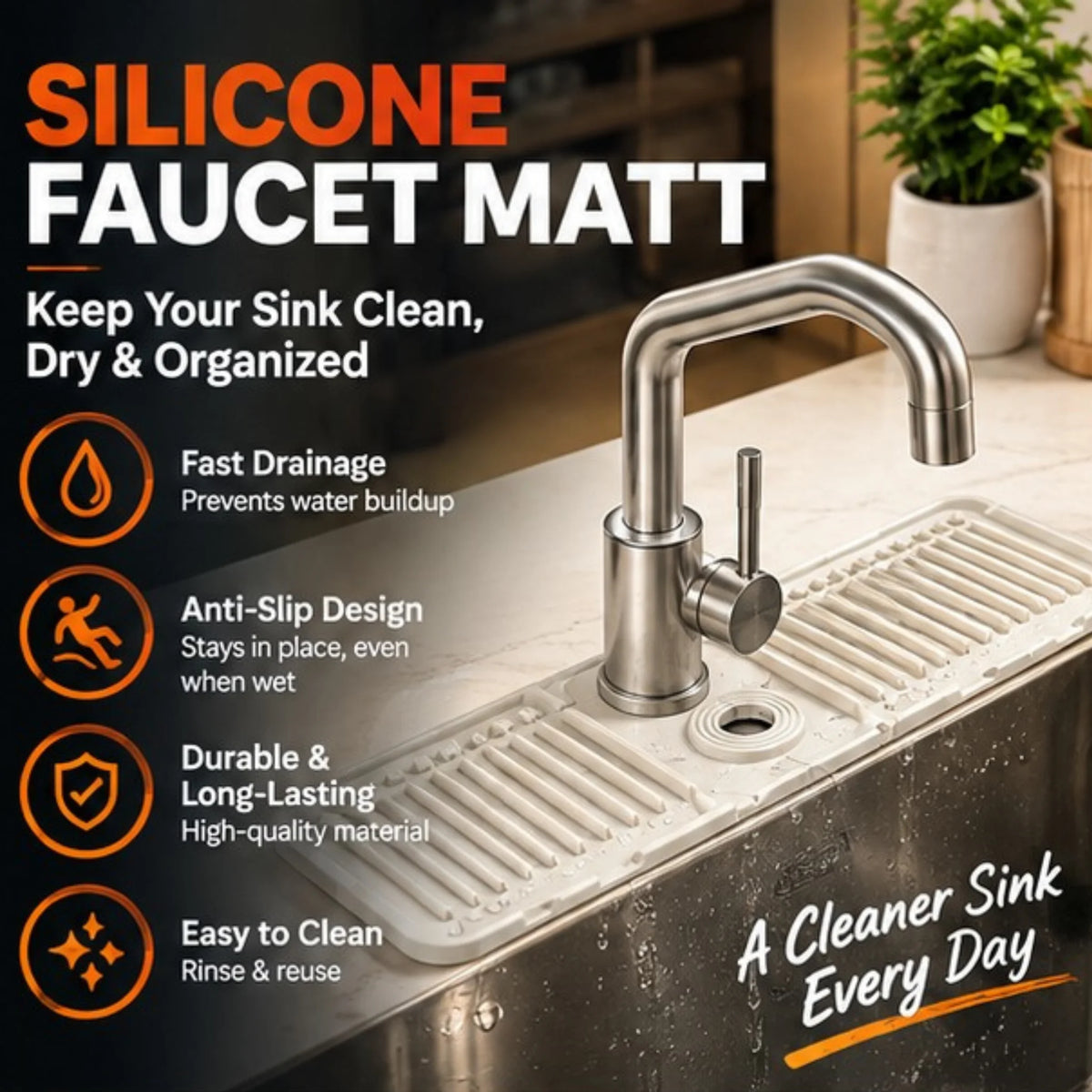 Silicone Faucet Mat – Draining Splash Guard & Sink Countertop Organizer Mat