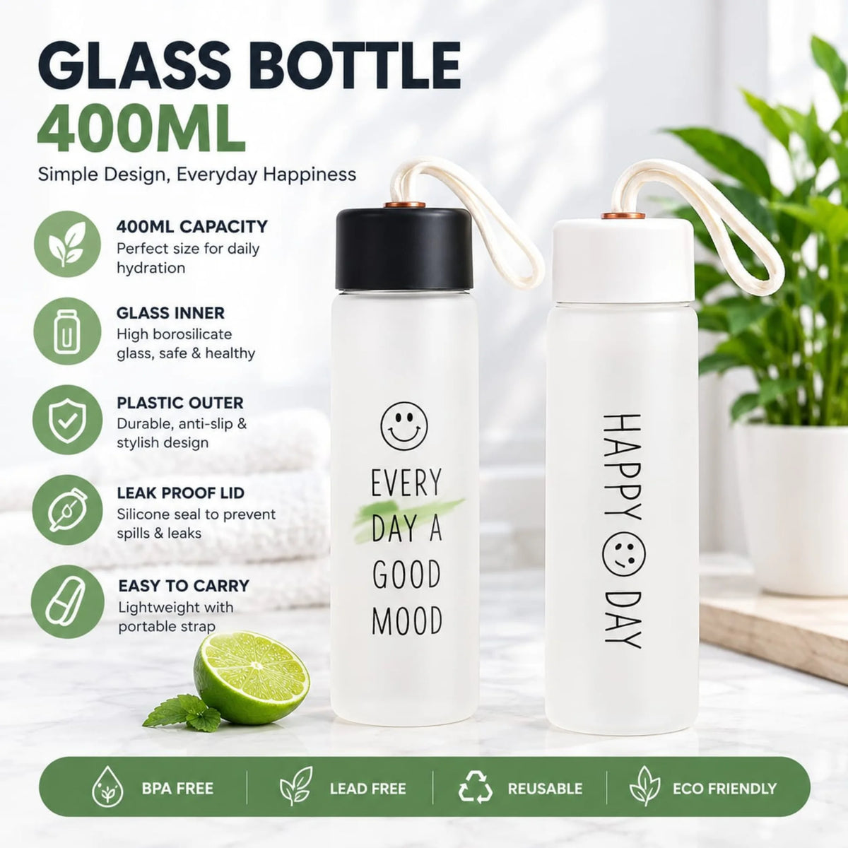 400ml Aesthetic Glass Water Bottle with Protective Shell & Carrying Strap – "Happy Day" Printed Drinkware