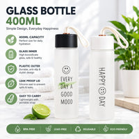 400ml Aesthetic Glass Water Bottle with Protective Shell & Carrying Strap – "Happy Day" Printed Drinkware