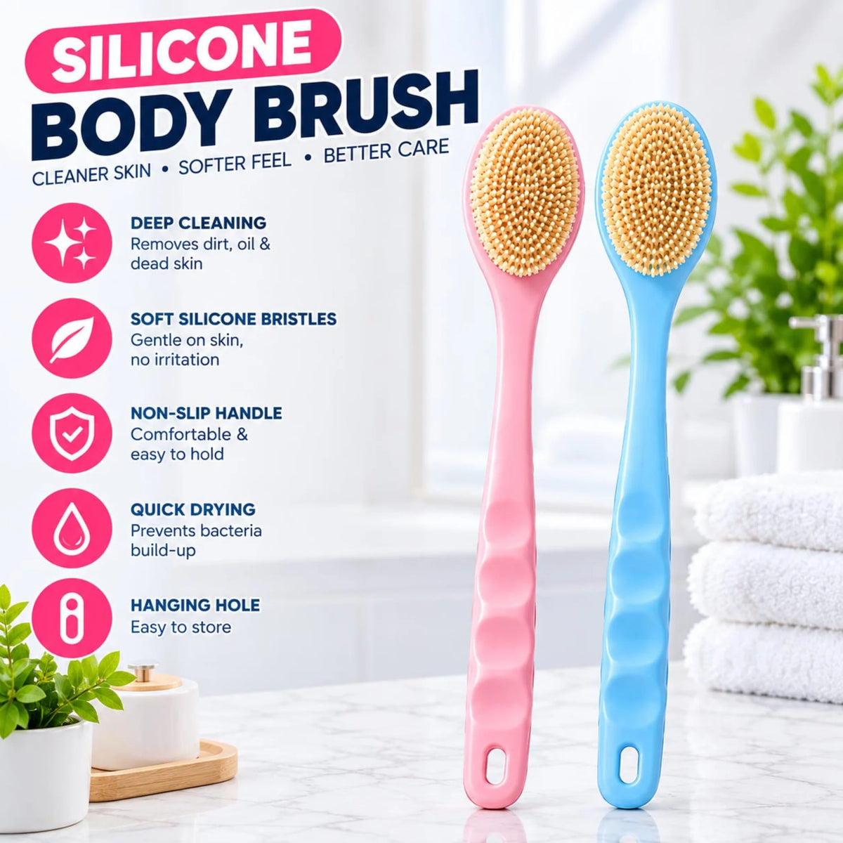 Long Handle Silicone Body Brush – Gentle Exfoliating Back Scrubber & Shower Massager