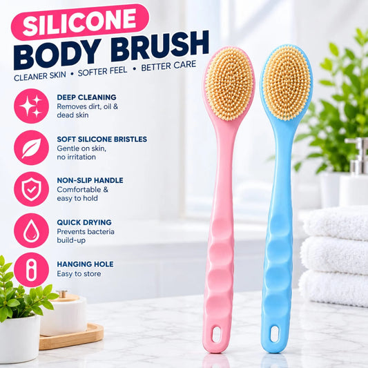 Long Handle Silicone Body Brush – Gentle Exfoliating Back Scrubber & Shower Massager