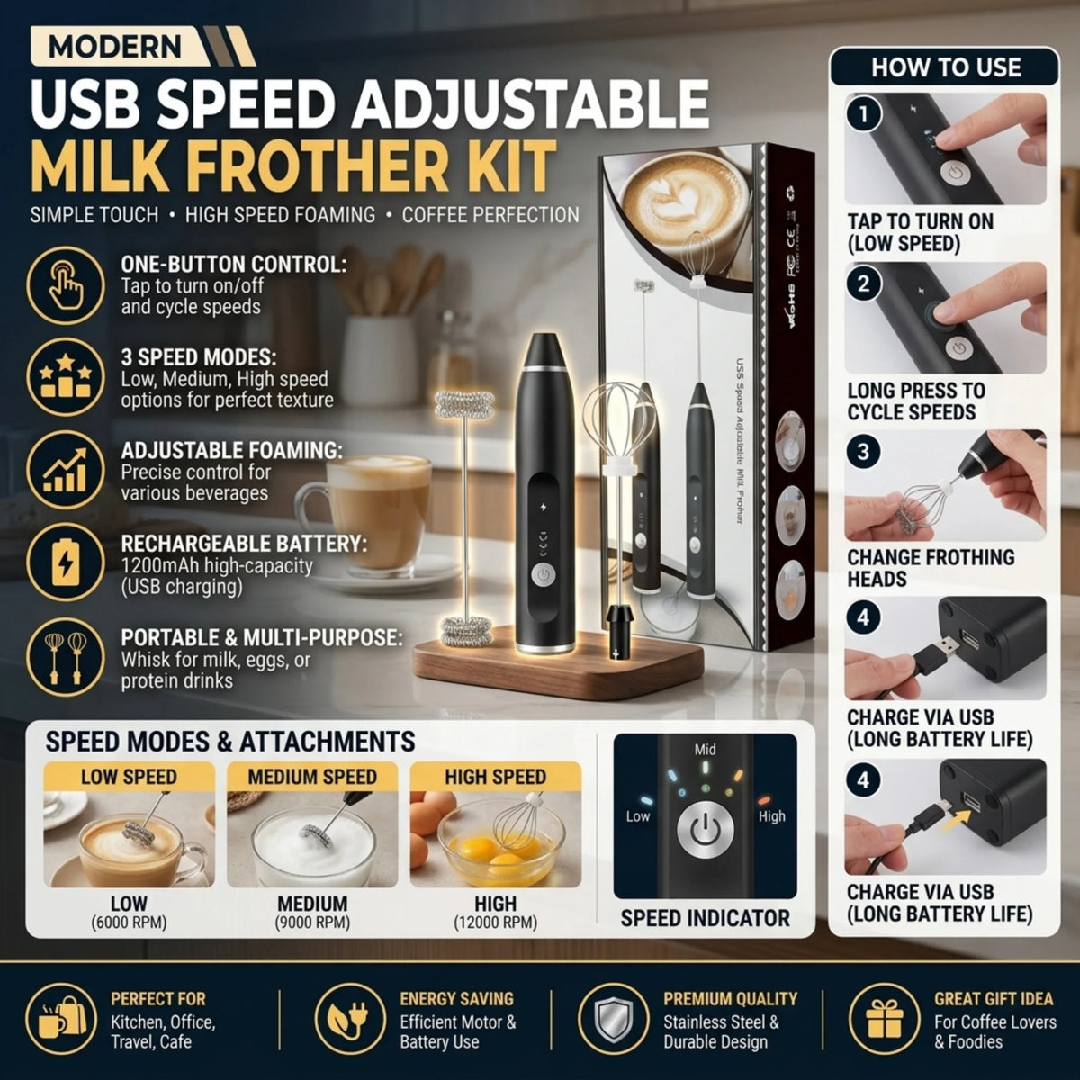 Modern USB Rechargeable Milk Frother Kit – 3-Speed Electric Handheld Whisk