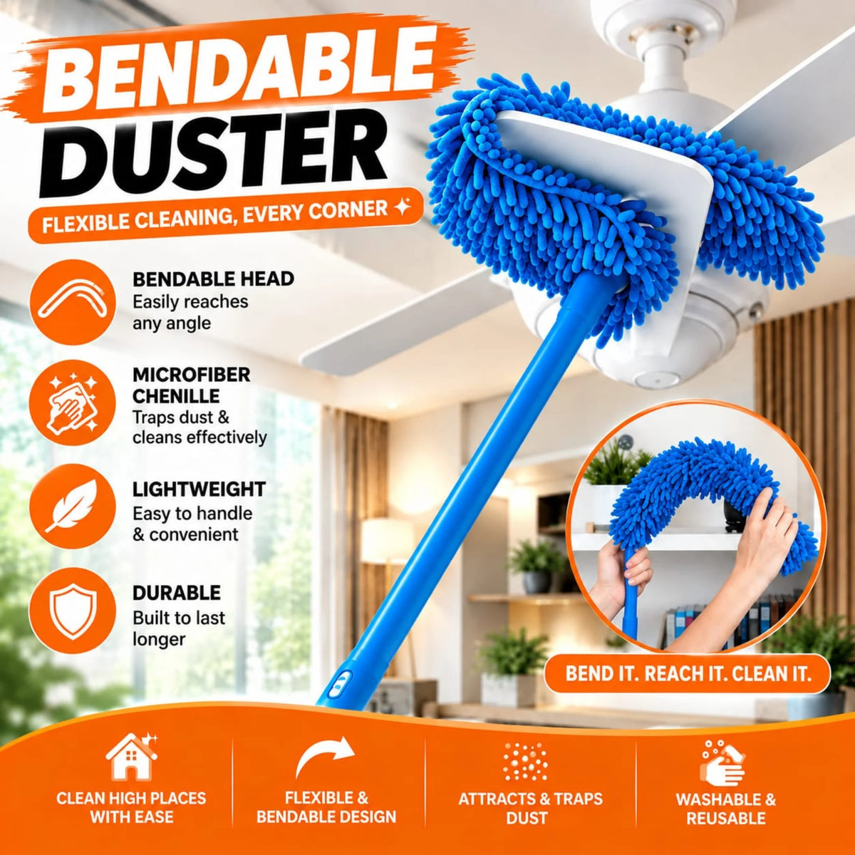 Flexible Micro Fiber Duster With Telescopic Stainless Steel Handle Fan Cleaning Specially Flexible Micro Fiber Duster