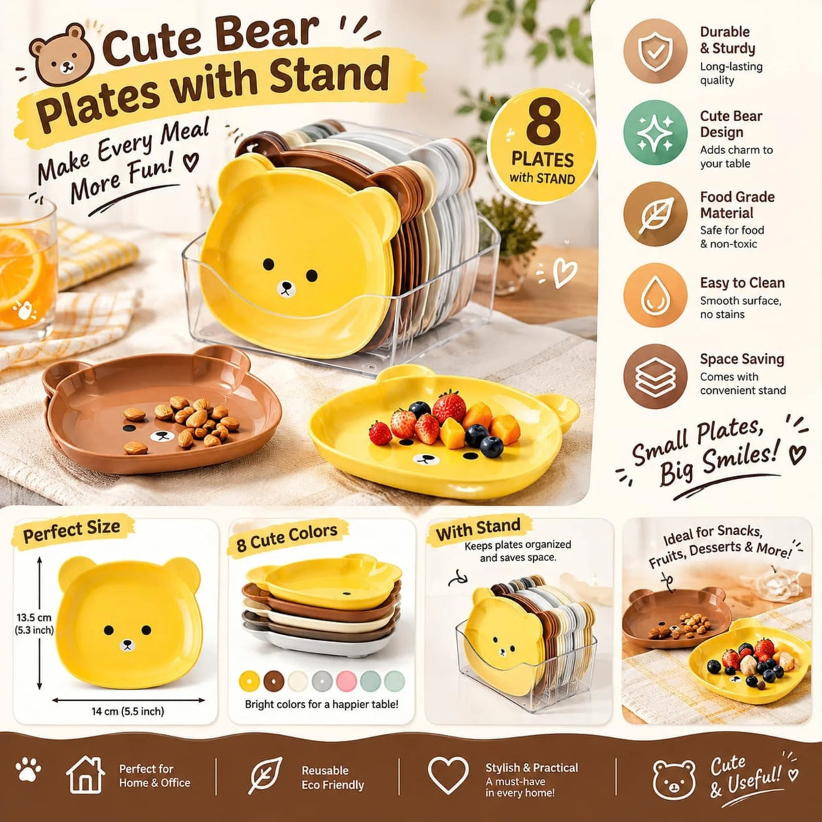 Cute Bear Shape Plates with Stand – 8 Pcs Reusable Kids Snack & Fruit Plates