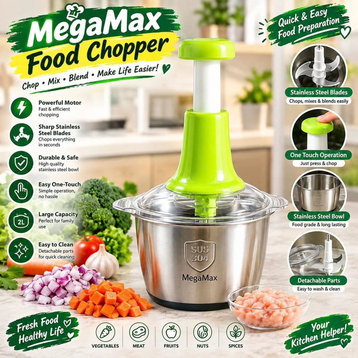 MegaMax 2L Stainless Steel Food Chopper – Manual Vegetable, Meat & Fruit Cutter