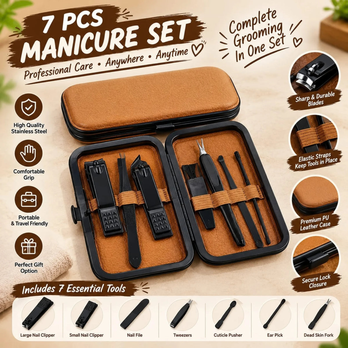 7 Pcs Stainless Steel Manicure Set with Travel Leather Case – Professional Nail Grooming Kit