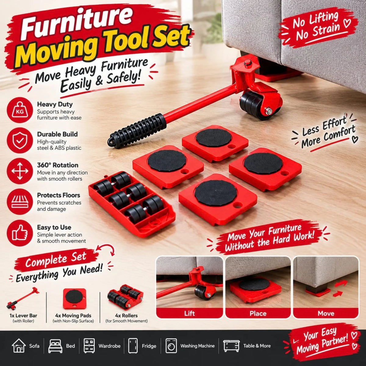 5-Piece Furniture Moving Tool Set – Heavy Duty Lifter Lever & 360° Rotating Mover Pads