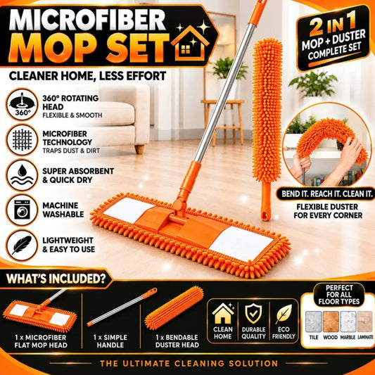 Cleaning Mop & Duster Set – Floor Flat Mop and Fan Duster Pack