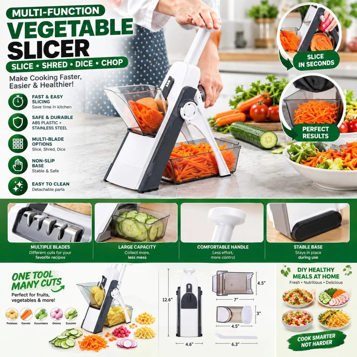 Multi-Function Safe Upright Vegetable Slicer – Slice, Shred, Dice & Chop Mandoline Chopper