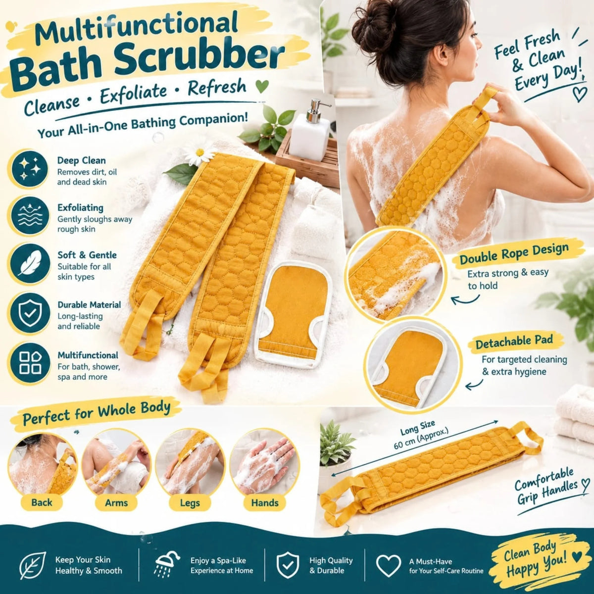 Multifunctional Exfoliating Bath Scrubber Set – Long Back Washer & Detachable Hand Glove Pad