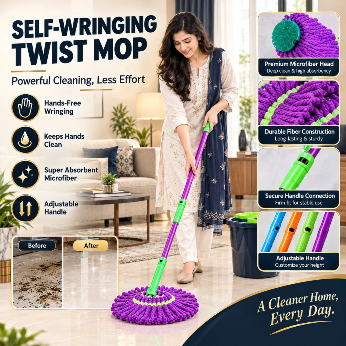 Self-Wringing Twist Mop – Hands-Free Microfiber Floor Cleaning Mop with Adjustable Handle