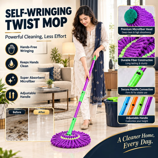 Self-Wringing Twist Mop – Hands-Free Microfiber Floor Cleaning Mop with Adjustable Handle