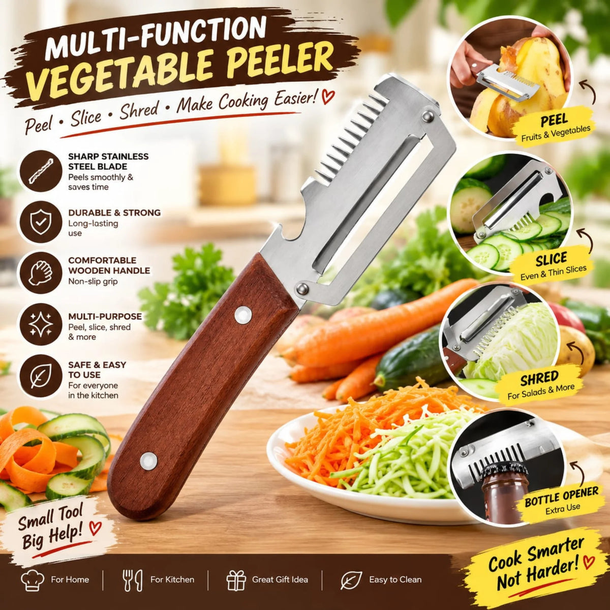 Stainless Steel Multi-Function Vegetable Peeler with Wooden Handle & Bottle Opener