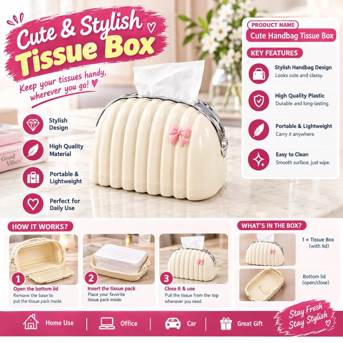 Cute Handbag Tissue Box Dispenser – Decorative Desktop & Car Tissue Holder Case