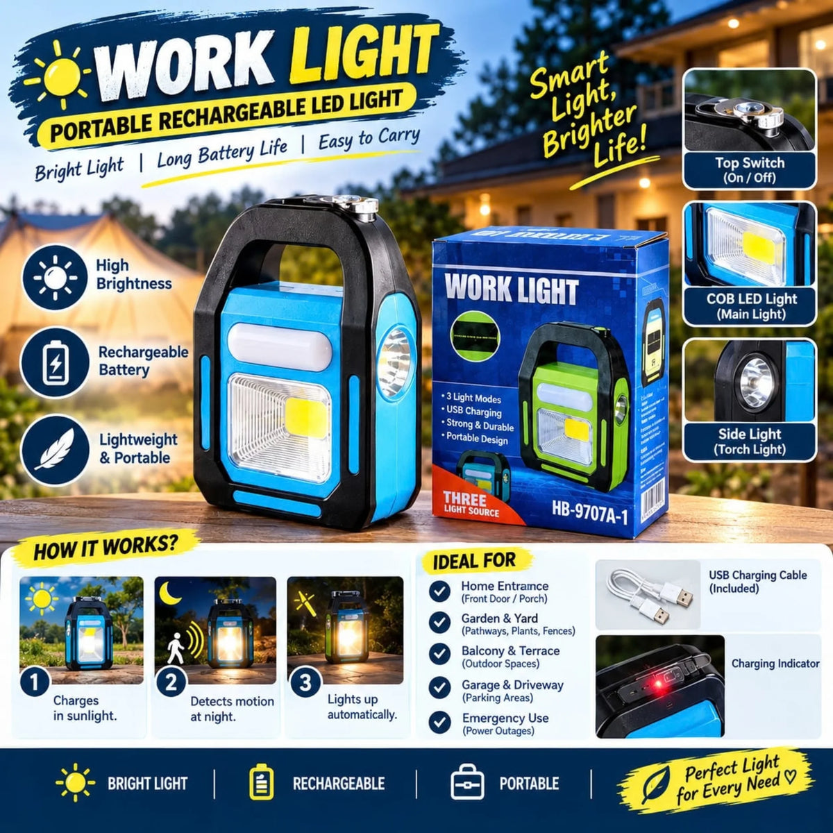 Portable Solar Rechargeable LED Work Light – Multi-Mode COB Floodlight & Torch Emergency Lamp