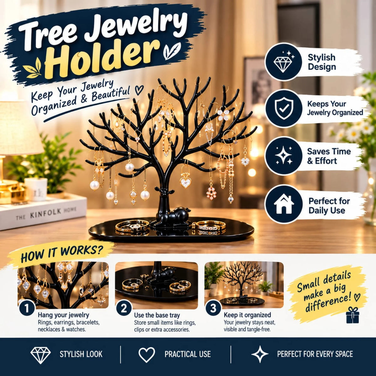 Decorative Tree Jewelry Holder Stand with Deer Base Tray – Earring, Necklace & Ring Organizer