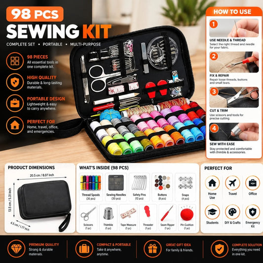 98 Pcs Complete Sewing Kit – Portable Travel Sewing Supplies Set with Zippered Storage Case
