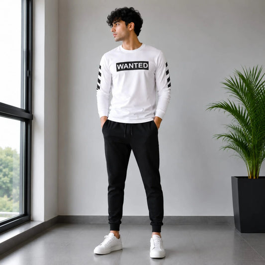 Men's White WANTED Premium Full Sleeve T-Shirt – Soft Cotton Casual Round Neck Tee