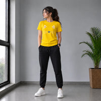 Men’s Yellow Cat Face Graphic Printed Crew Neck T-Shirt