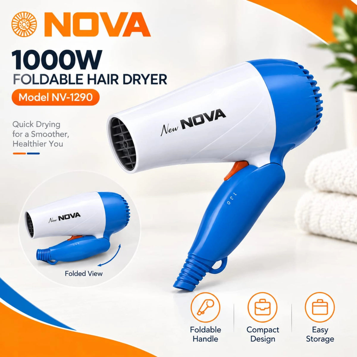 Nova Foldable Hair Dryer – Compact & Portable Hair Styling Tool