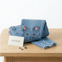 Cute Cat Knee Patch Skinny Jeans for Girls – Stretch Denim Casual Pants