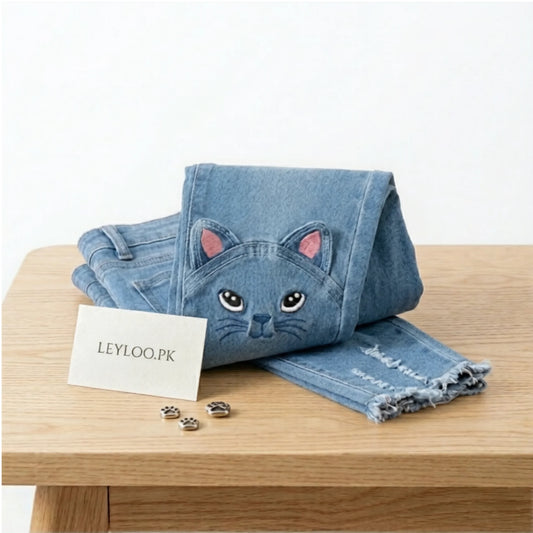 Cute Cat Knee Patch Skinny Jeans for Girls – Stretch Denim Casual Pants