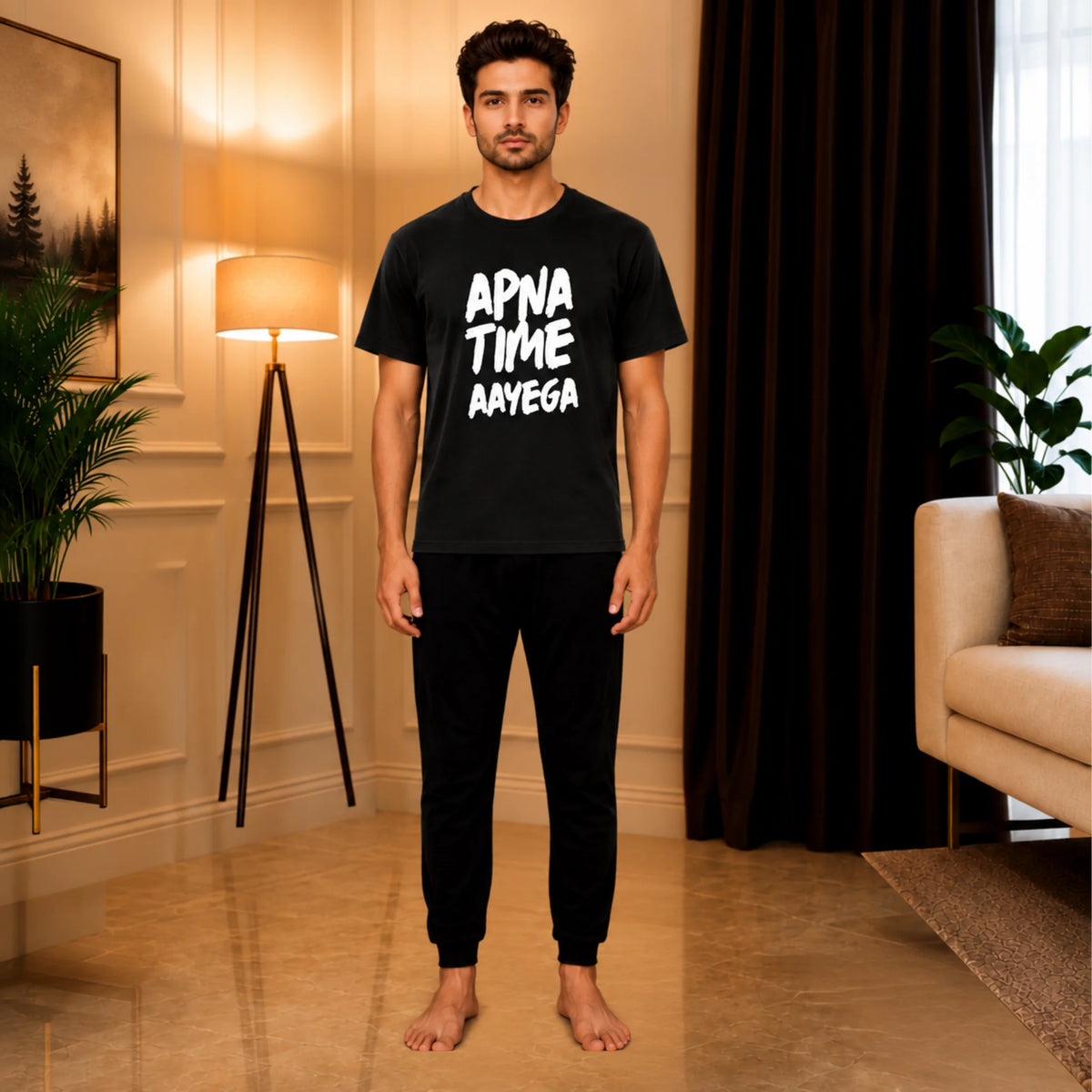 Apna Time Aayega Black Graphic Printed T-Shirt & Jogger Tracksuit for Men