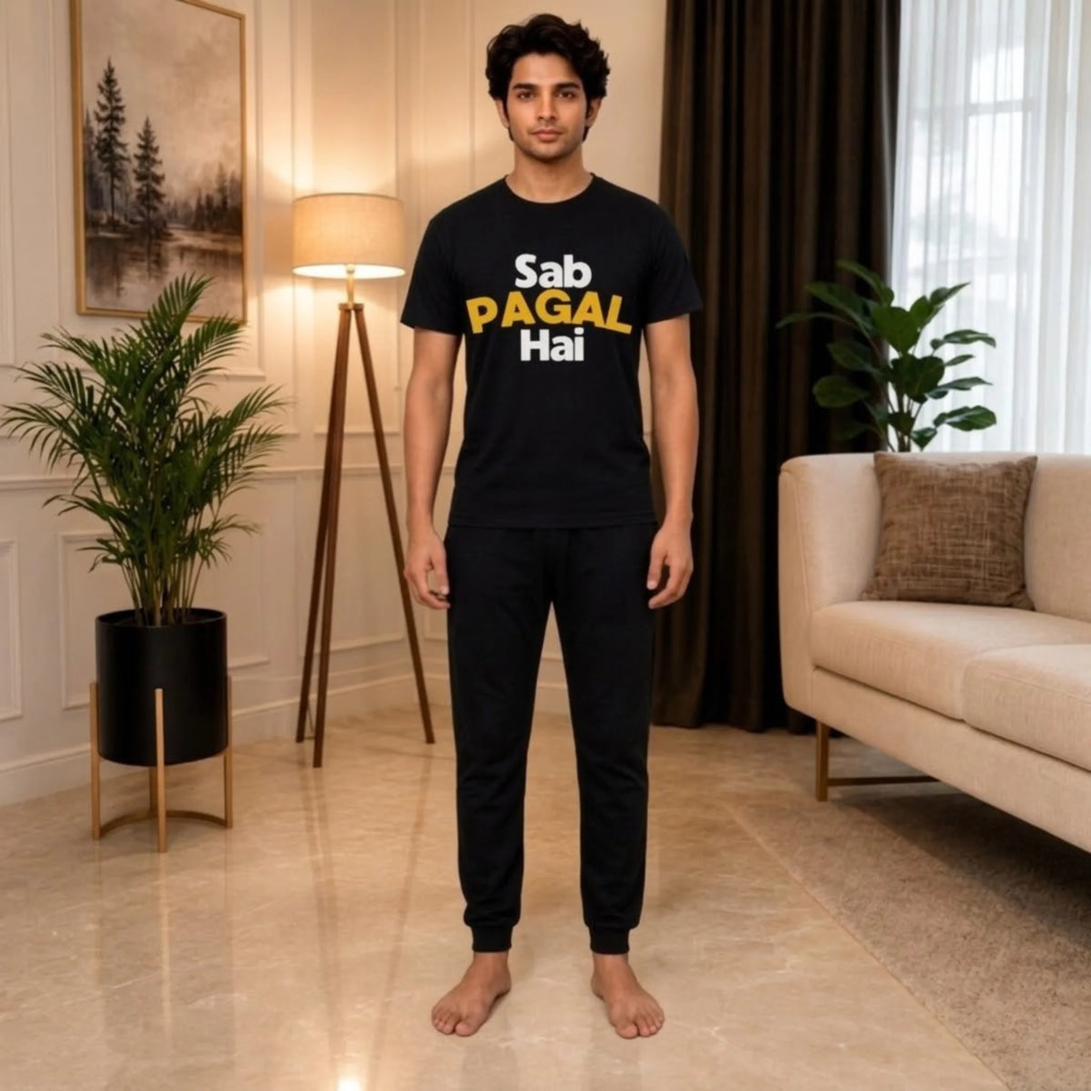 Sab Pagal Hai Men's Black Premium Cotton Graphic T-Shirt – Half Sleeves Casual Crew Neck Tee