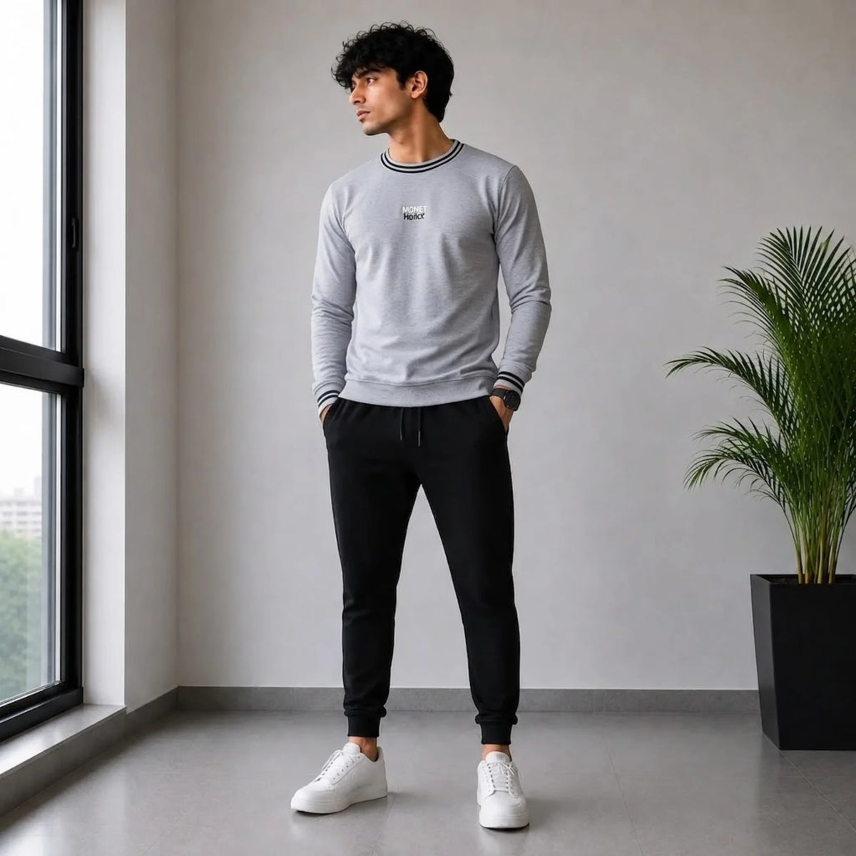 Men's Grey Crewneck Sweatshirt & Black Joggers Co-ord Set