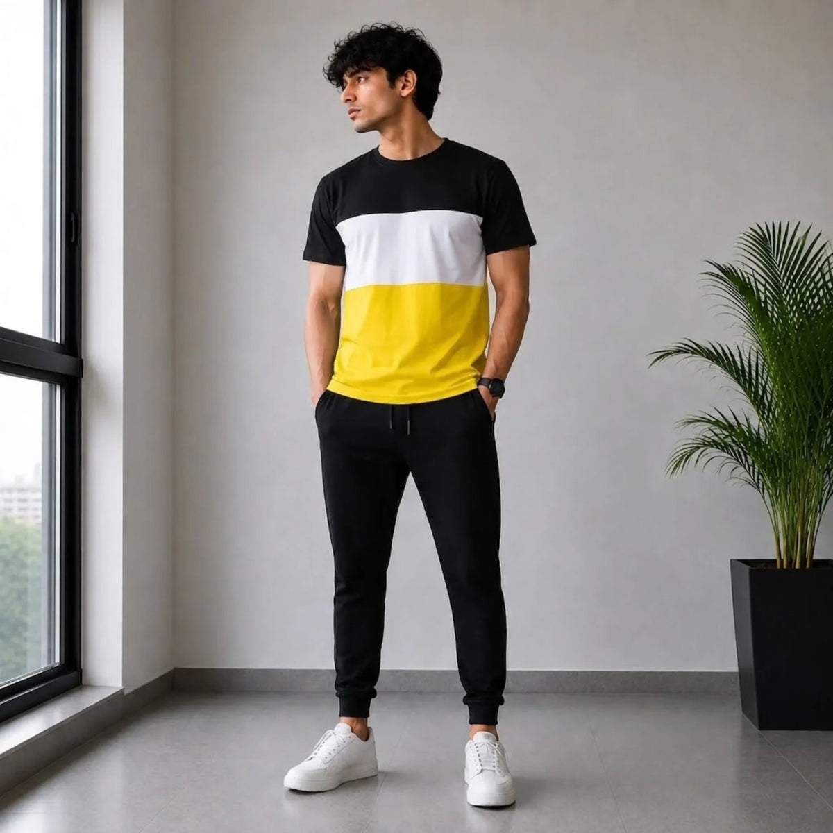 Men's Color block T-Shirt & Black Joggers Co-ord Set