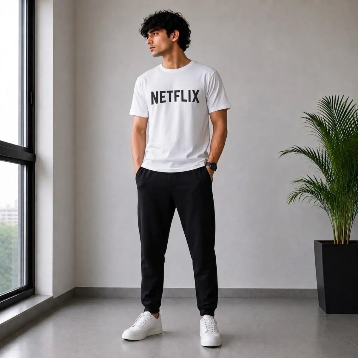 Men’s White Print T-Shirt & Black Jogger Set – Casual 2-Piece Outfit