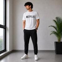 Men’s White Print T-Shirt & Black Jogger Set – Casual 2-Piece Outfit