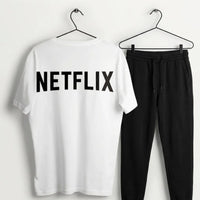 Men’s White Print T-Shirt & Black Jogger Set – Casual 2-Piece Outfit