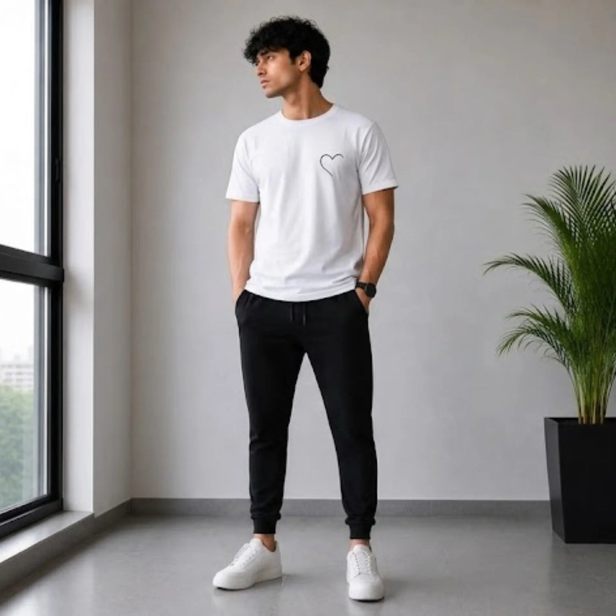 Men’s White Heart T-Shirt & Black Jogger Set – Casual 2-Piece Outfit