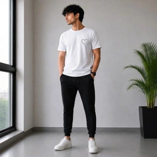Men’s White Heart T-Shirt & Black Jogger Set – Casual 2-Piece Outfit