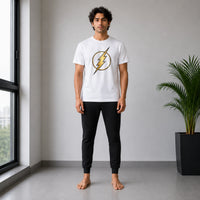 Men’s White Lightning Bolt T-Shirt & Black Jogger Set – Casual 2-Piece Outfit