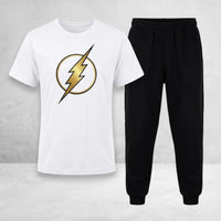 Men’s White Lightning Bolt T-Shirt & Black Jogger Set – Casual 2-Piece Outfit
