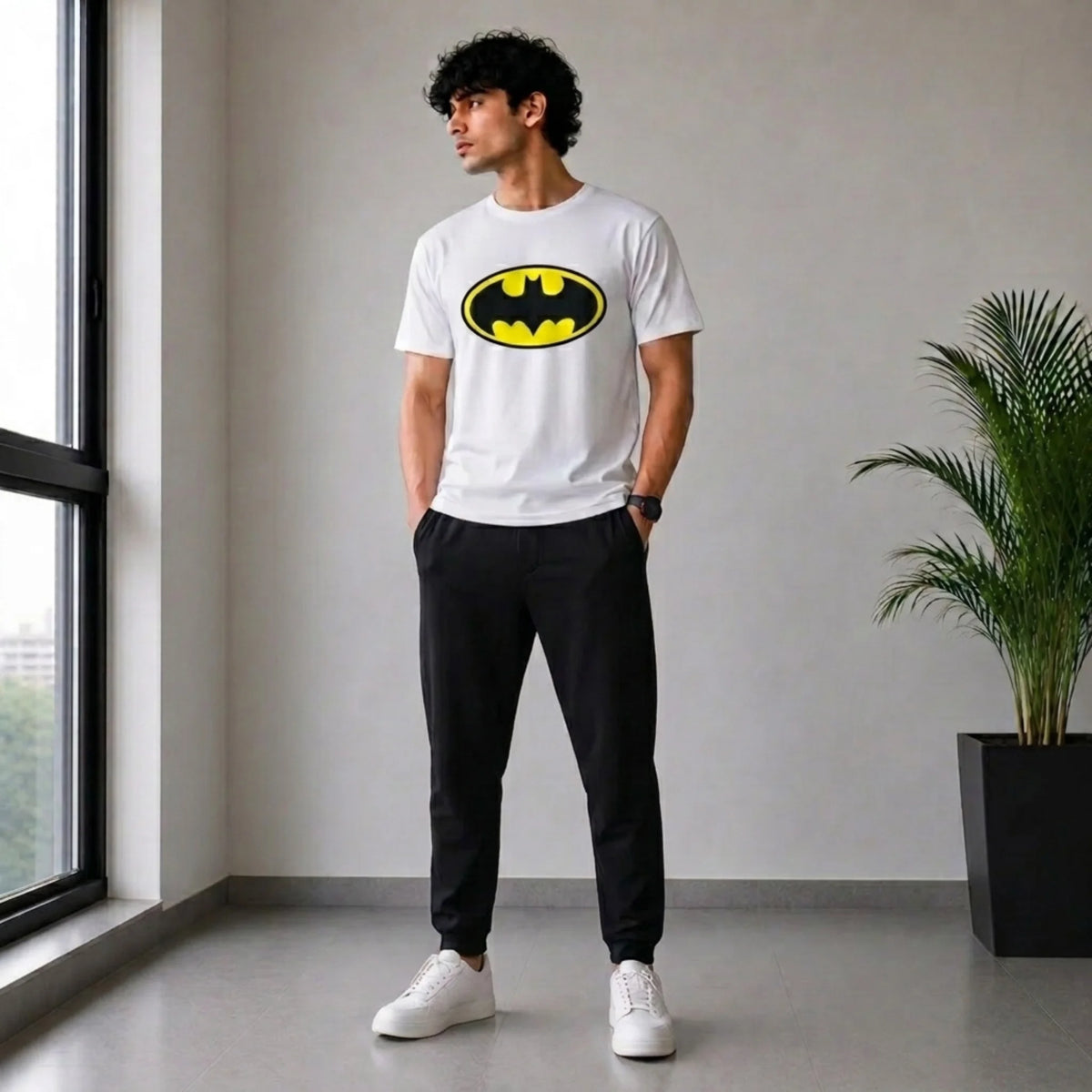 Men's White Graphic Print T-Shirt with Black Jogger Pants | Casual 2 Piece Outfit Set