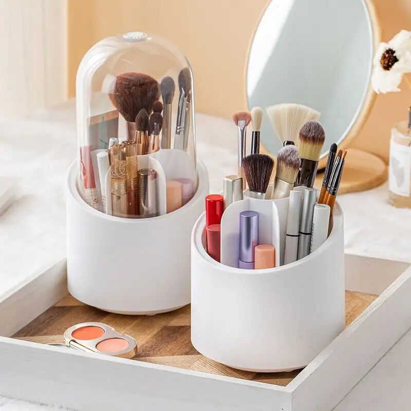 360° Rotating Makeup Brush Holder with Dustproof Lid – Vanity Organizer Cosmetic Storage Box