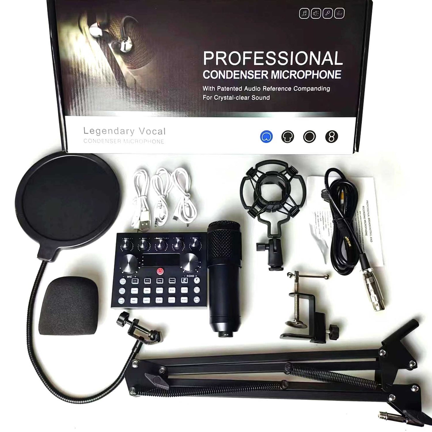 V10 Bm-800 Podcast Condenser Microphone Set With Live Sound Card (Black)