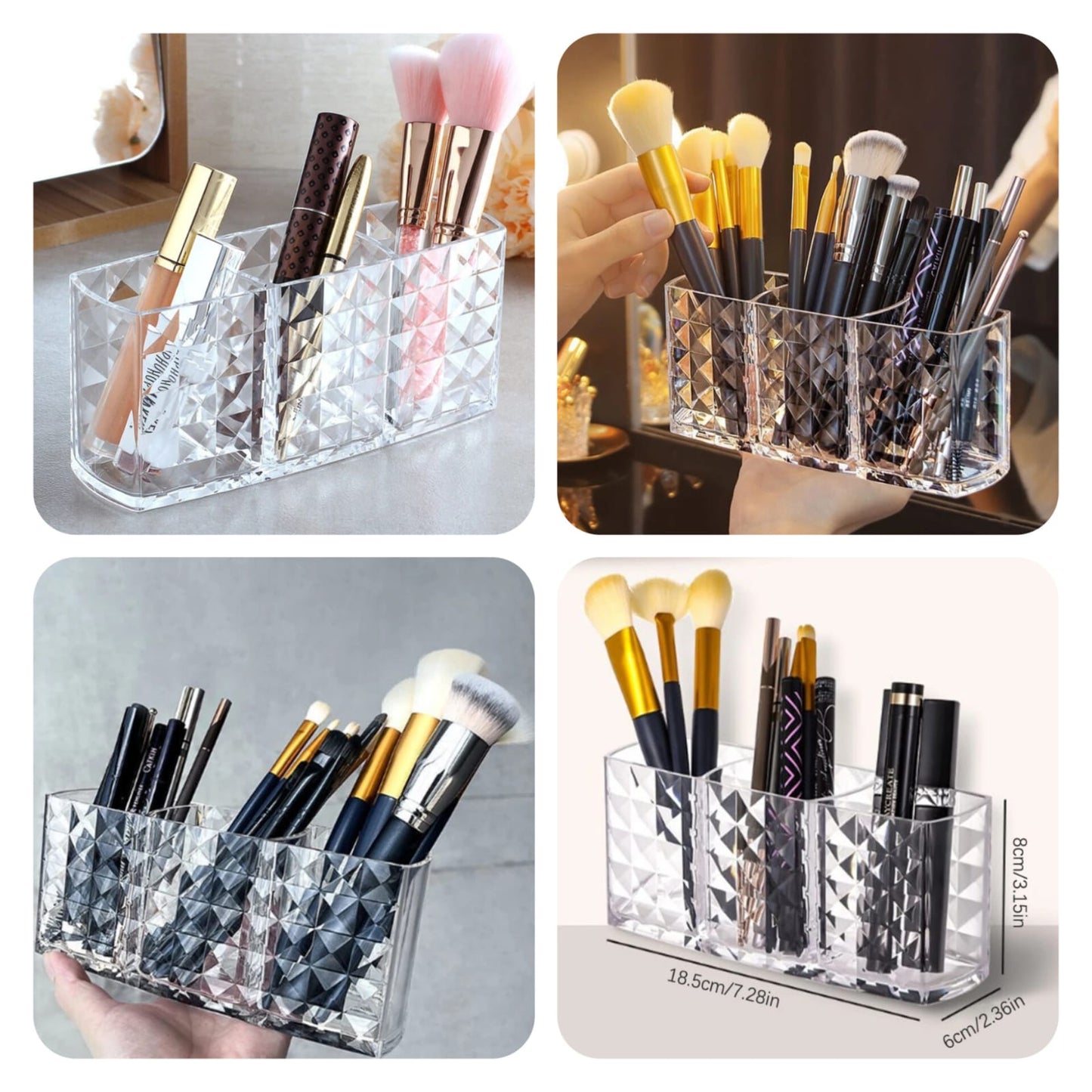 Clear Acrylic Makeup Brush Holder, 3-Compartment Cosmetic Organizer - Leyloo.pk