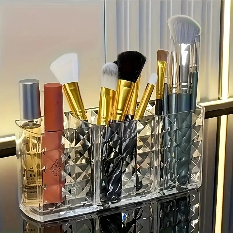 Clear Acrylic Makeup Brush Holder, 3-Compartment Cosmetic Organizer - Leyloo.pk