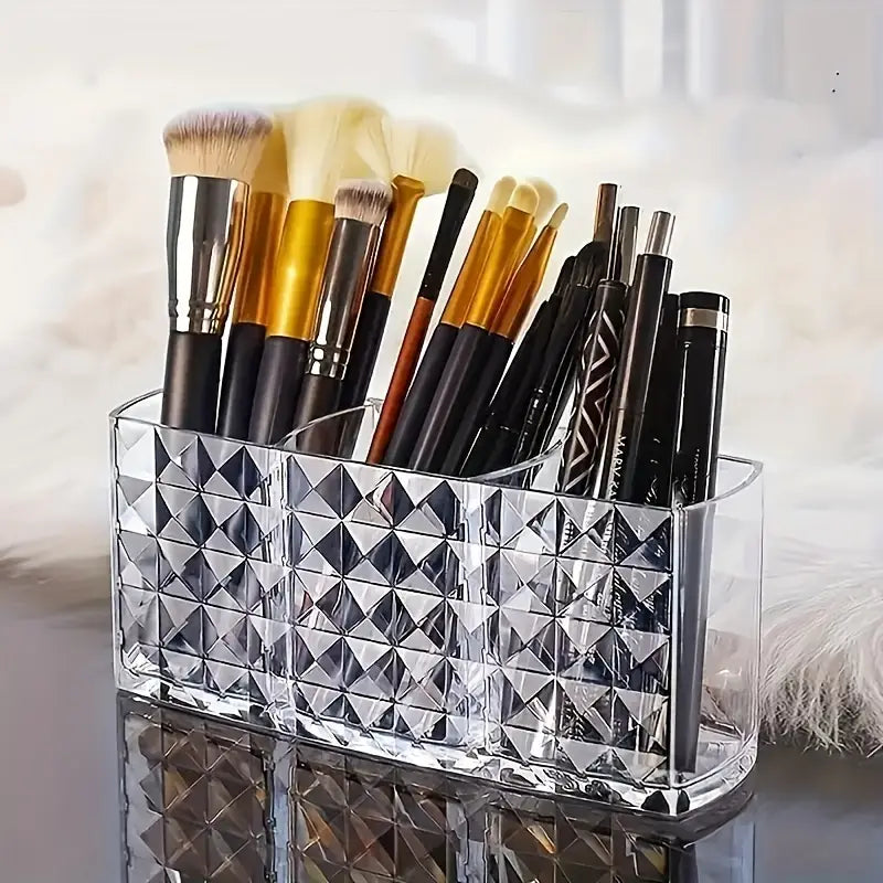 Clear Acrylic Makeup Brush Holder, 3-Compartment Cosmetic Organizer - Leyloo.pk