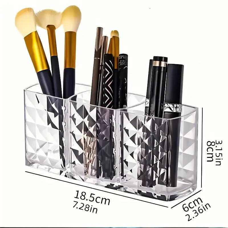 Clear Acrylic Makeup Brush Holder, 3-Compartment Cosmetic Organizer - Leyloo.pk