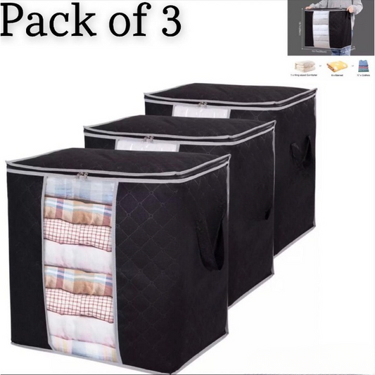 Pack Of 3 - 110gsm New Waterproof Home Storage Bag foldable non woven Oxford Cloth Bedding Suits Pillows Closet Organizer bags Organizer Zipper Bag (Random Color)