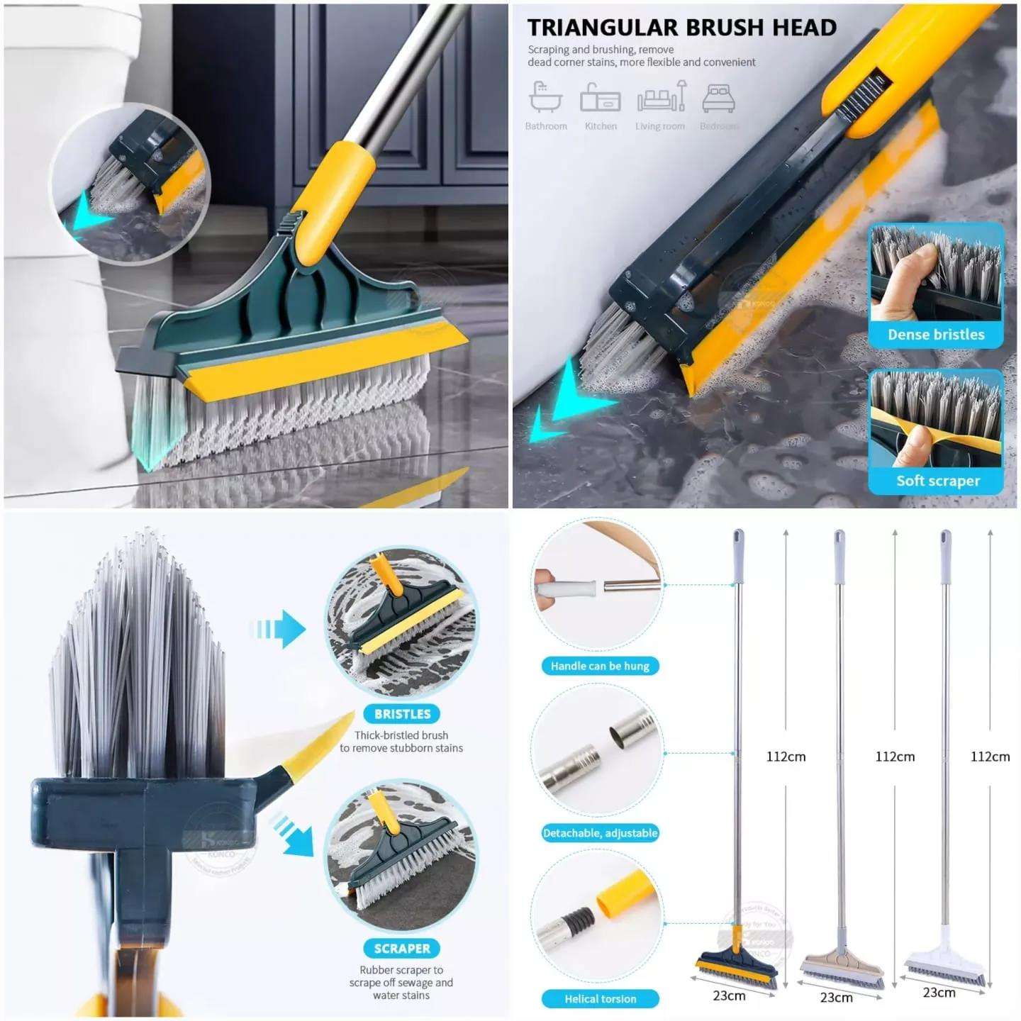 2 in 1 Floor Scrub Brush, V-Shaped Floor Scrub Brush With Long Handle, Bathroom Shower Cleaning Brush Magic Broom Brush 120° Rotating Removable Brush Head For Bathroom, Tiles, Removable Wiper For Rooms & Windows | Bathroom Shower Crevice Cleaning Brush